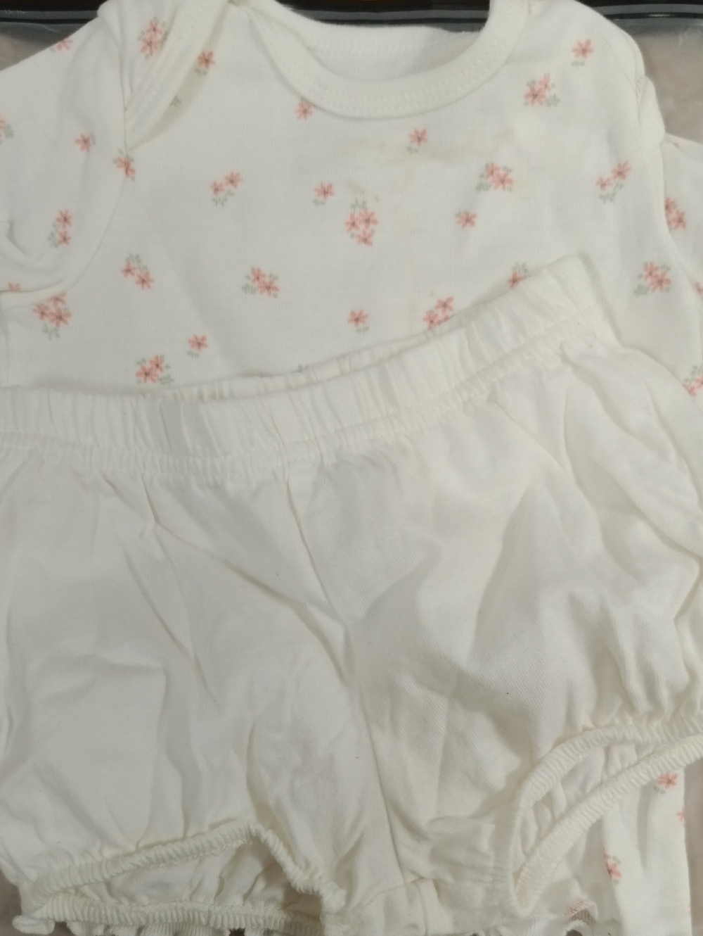 White Baby Floral Bodysuit & Bloomers Set. Bundle of 4 Pcs